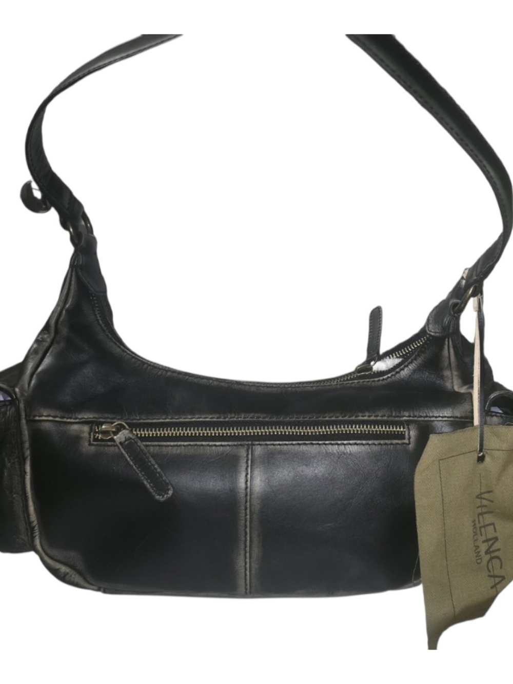 Black Leather Shoulder Hobo with Front Zip Pocket